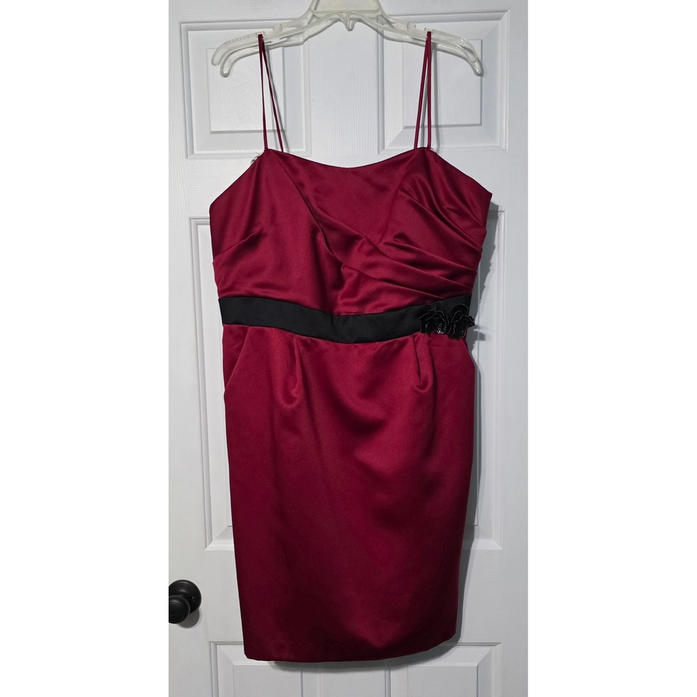 David's Bridal Women Wine Red Satin Cocktail Dress Black Sash Size 20